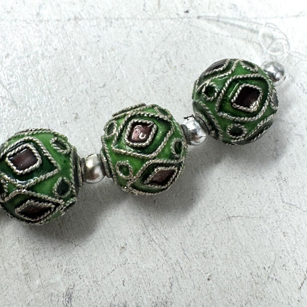 Vintage Green Enamel Beaded Strand With Silver Accents 10mm